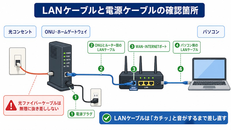 ONU・Wi-Fiルーター・パソコンのLANケーブルと電源ケーブルの確認箇所