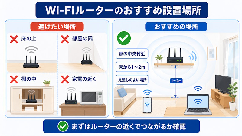 Wi-Fiルーターを避けたい場所と床から1～2mのおすすめ設置場所