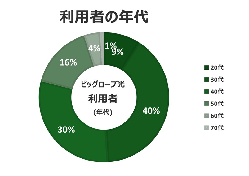 利用者の年代（30代が40%で最多）【BIGLOBE光の口コミ評判】